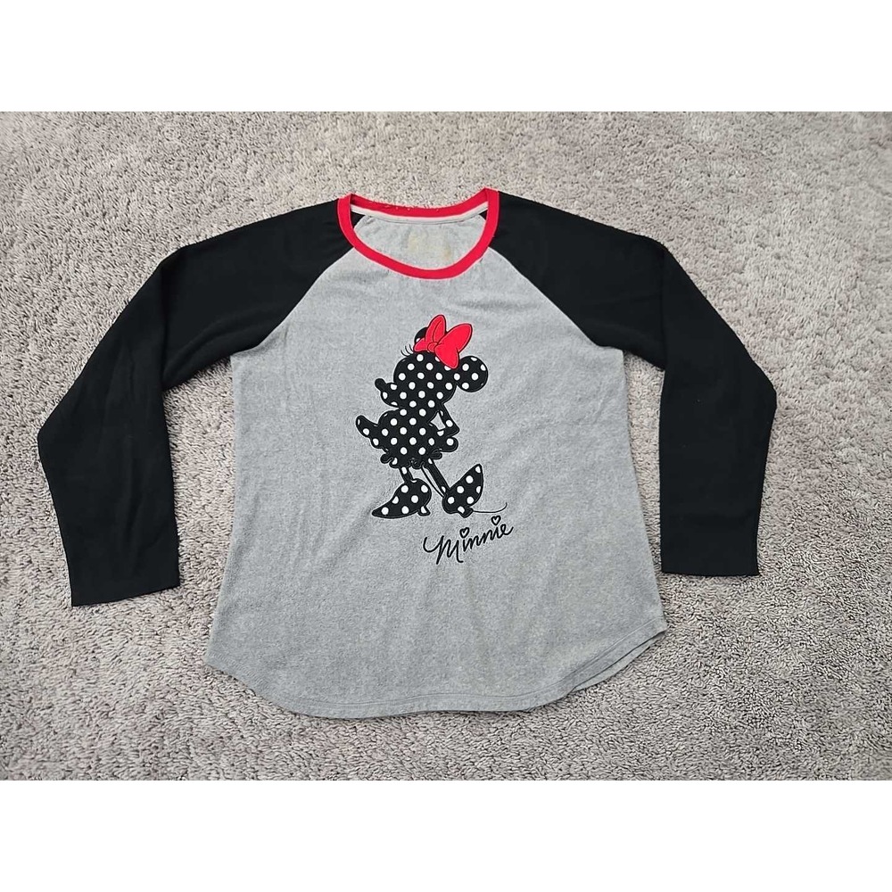Disney Minnie Mouse Sleepwear Top Womens L Gray‎ Black Raglan Long Sleeve